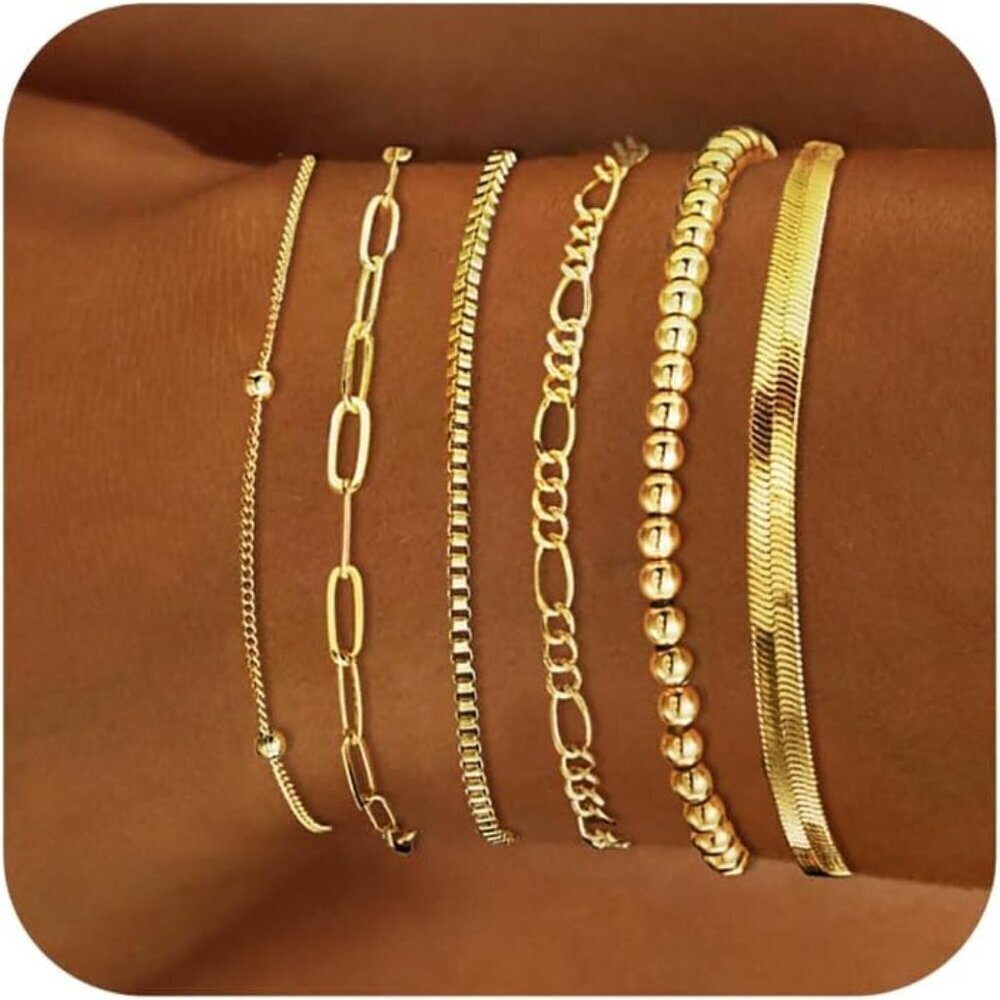 Dainty Stackable Gold Bracelets for Women 14K Plated Cuban Paperclip Chain